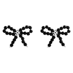 French style bow knot stud earrings with black onyx beads and silver center accent