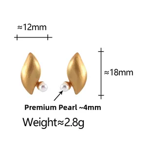Detail view of 18mm gold leaf earrings with 4mm pearls and precise size measurements