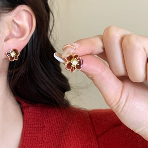 Vintage Flower Stud Earrings 18K Gold Plated Copper Red Enamel Zircon Elegant Floral Jewelry For Women