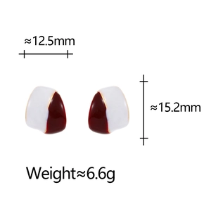 Detail showing dimensions of red and white enamel drop earrings with gold plating