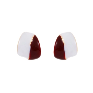 Detail of elegant red and white enamel earrings with gold-plated irregular triangle design