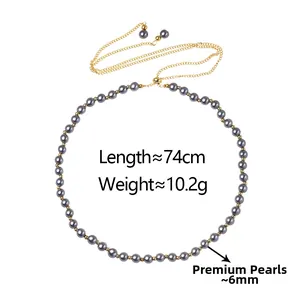 Detail of 6mm grey pearl necklace with adjustable gold chain showing length and weight