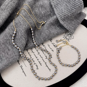 Lustrous Freshwater Pearl Necklace Bracelet Gold Plated Metal Beads Adjustable Sliding Buckle Vintage French Style Jewelry