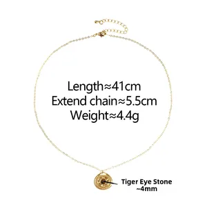 Detail of vintage necklace with tiger eye stone pendant and measurement specifications