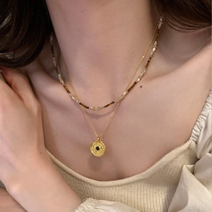 Vintage Tiger Eye Stone Beaded Necklace With Shell Beads Layered Gold Plated Pendant Clavicle Chain For Women Chic Jewelry