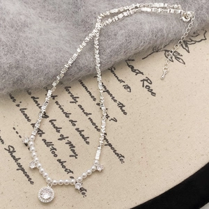 Silver square chain necklace with pearls, star zircon, and a round crystal pendant