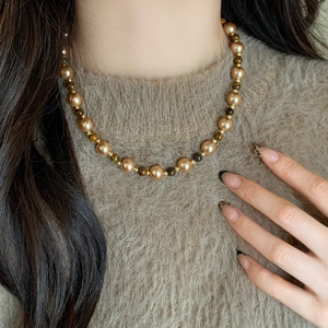 Vintage Tiger Eye Stone And Artificial Pearl Beaded Necklace For Women Maillard Style Retro Elegant Jewelry