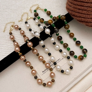 Retro tiger eye stone and pearl beaded necklace with gold adjustable extension chain