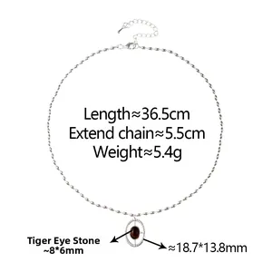 Detailed view of Tiger Eye pendant necklace with size specs on a clean white background