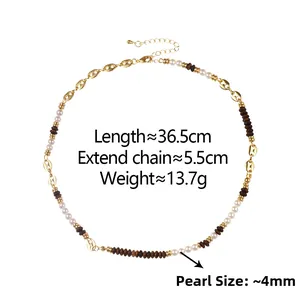 Detail view of tiger eye bead necklace with pig nose buckle and size measurements