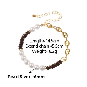 Detail of beaded necklace with 6mm pearls, brown discs, and coffee bean gold links