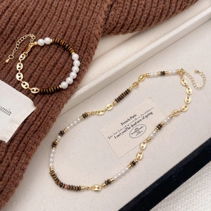Tiger Eye Stone Beaded Necklace Artificial Pearl Vintage Gold Plated Jewelry For Women Maillard Retro Style