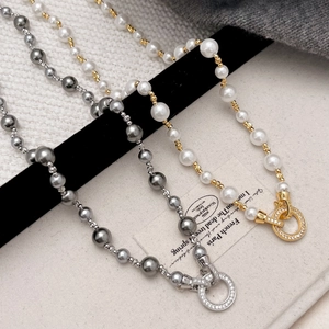 French vintage pearl necklaces with zircon clasps in grey silver and white gold finishes