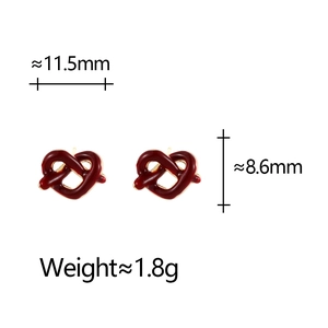 Detailed dimensions of red enamel heart knot stud earrings with gold-plated edges