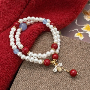 Vintage pearl beaded double-layer bracelet with red beads and crystal bee charm