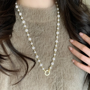 French Vintage Artificial Pearl Necklace With Zircon Pave Round Clasp Long Sweater Chain Gold Plated Brass Elegant Jewelry Women