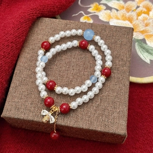 Chinese Style Retro Beaded Bracelet With Artificial Pearls And Rhinestone Bee Pendant Elegant Colorful Beads Jewelry For Women
