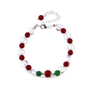 Minimalist red and green beaded bracelet with heart charm and adjustable silver chain