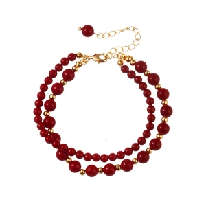 Bracelet rétro double rang avec perles rouges et dorées et fermoir réglable