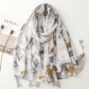Women Long Scarf Shawl Polyester Cotton Linen Feel Abstract Ink Wash Print Tassels Lightweight Sun Protection Travel Elegant