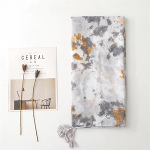 Elegant grey ink-wash cotton linen scarf with yellow floral print and fringe tassels