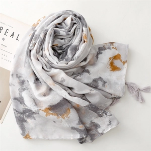 Gray and yellow ink wash pattern cotton linen scarf with elegant fringe tassels