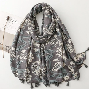 Grand Foulard Femme Polyester Sensation Coton Lin Imprimé Floral Feuilles Glands Doux Léger Élégant Voyage Châle