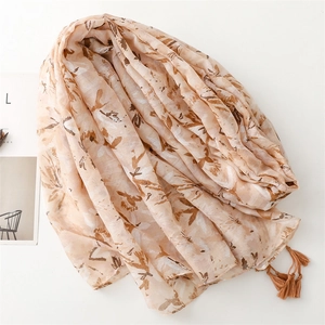 Elegant beige floral cotton linen scarf with artistic brown patterns and fringe tassels