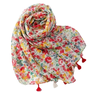 Lightweight floral scarf with tassels, cotton-linen feel pashmina in colorful flower print