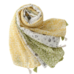 Floral tassel scarf with yellow and green patchwork design in lightweight cotton linen feel