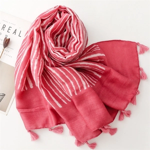 Pink and white striped cotton linen scarf with soft fringe tassels for women