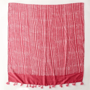 Pink striped cotton linen blend shawl scarf with fringe tassels for women travel