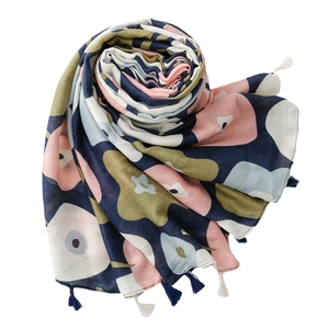 Sciarpa da donna in cotone e lino con stampa floreale e nappe rosa e blu navy