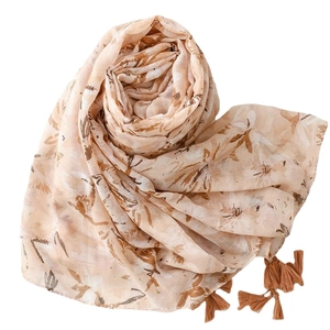 Beige cotton linen scarf with brown floral prints and stylish fringe tassels for women