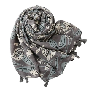 Écharpe épaisse grise en coton-lin avec imprimé floral et glands pour mode femme