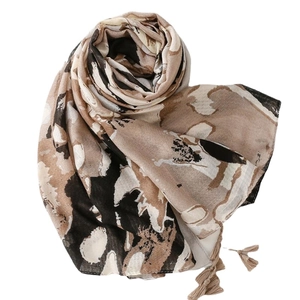 Artistic abstract ink painting scarf with fringe, soft cotton-linen feel pashmina for women