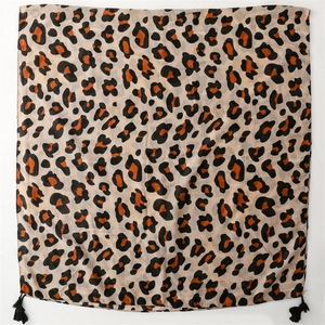 Classic leopard print square scarf with black tassels and soft breathable fabric