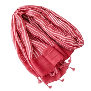 Pink and white striped cotton-linen scarf with elegant fringe tassels for women