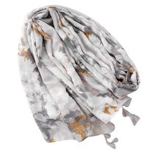 Light gray cotton linen scarf with ink painting pattern and tassels for women
