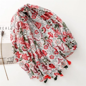 Cotton linen feel floral scarf with red flowers and green leaves plus tassel accents