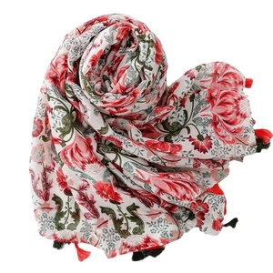 Floral cotton linen scarf with red and green flower patterns and tassel edges