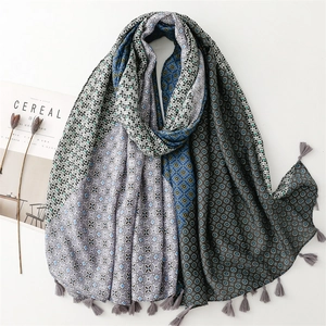 Long Scarf Retro Geometric Patchwork Tassel Lightweight Shawl Polyester Cotton Linen Feel Breathable Soft Men Women