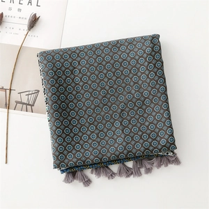 Detail of soft scarf showing vintage geometric blue and white dots with fringe edges