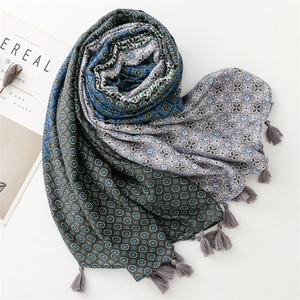 Detailed close-up of geometric pattern scarf with grey tassels on a white surface