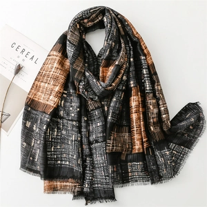 Women Geometric Print Scarf Shawl Polyester Cotton Linen Feel Gold Stamping Fringed Edge Warm Wraps Lightweight