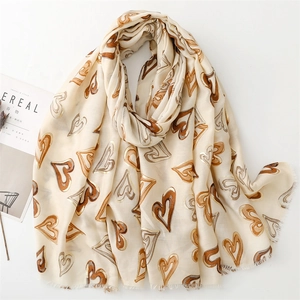 Écharpe Châle Style Ethnique Rétro Doux Sensation Coton Satin Polyester Cœur Doré Imprimé Chaud Hiver Bord Frangé Femmes