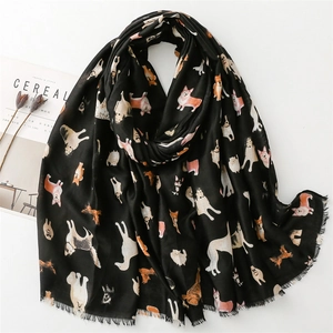 Cartoon Dog Print Scarf Shawl Lightweight Polyester Women Cute Animal Pattern Frayed Edge Fringed Neck Wrap