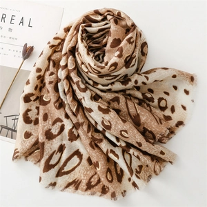 Detail of leopard print scarf with gold lurex threads and soft frayed edges