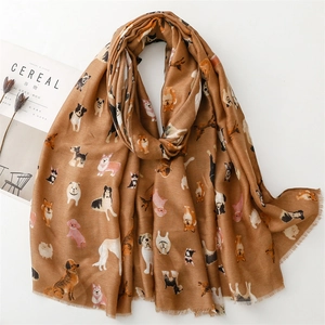 Brown cotton linen scarf featuring cute cartoon dog patterns and frayed fringe edges