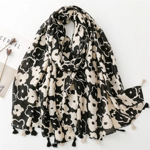 Large Floral Print Scarf With Tassels Retro Poppy Pattern Polyester Shawl Cotton Linen Feel Fashion Wrap For Women